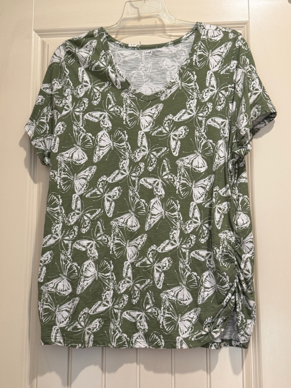 Lane Bryant Olive Green Butterfly Print Short Sleeve Tee